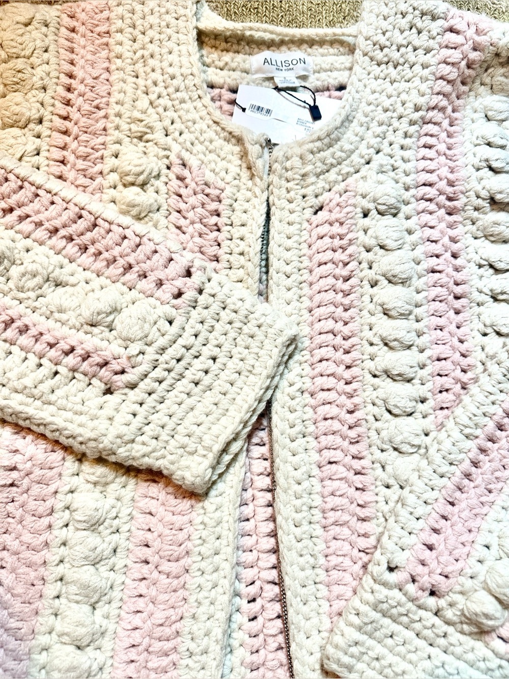 Allison NEW YORK boutique Cream/Blush Crochet Zip Cardigan with Tassel